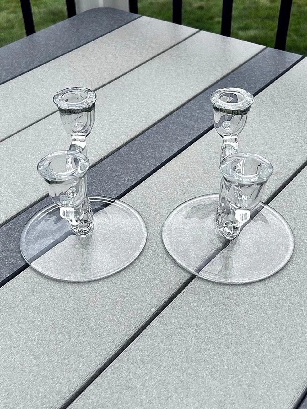 HEISEY GLASS Vintage Clear Glass Candlestick Holders Lariat pattern Set of 2 - Picture 2 of 6